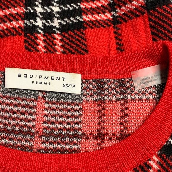 EQUIPMENT Size S Red Black White Wool Blend Plaid Crew Neck Pullover - Picture 6 of 7